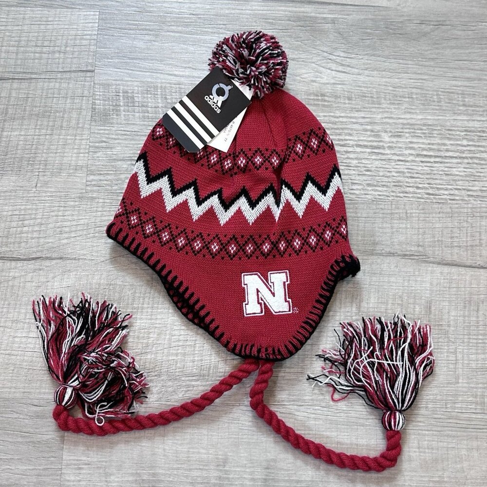 Nebraska Cornhuskers Youth Tassle Winter Beanie Stocking Cap Knit Hat Adidas NWT